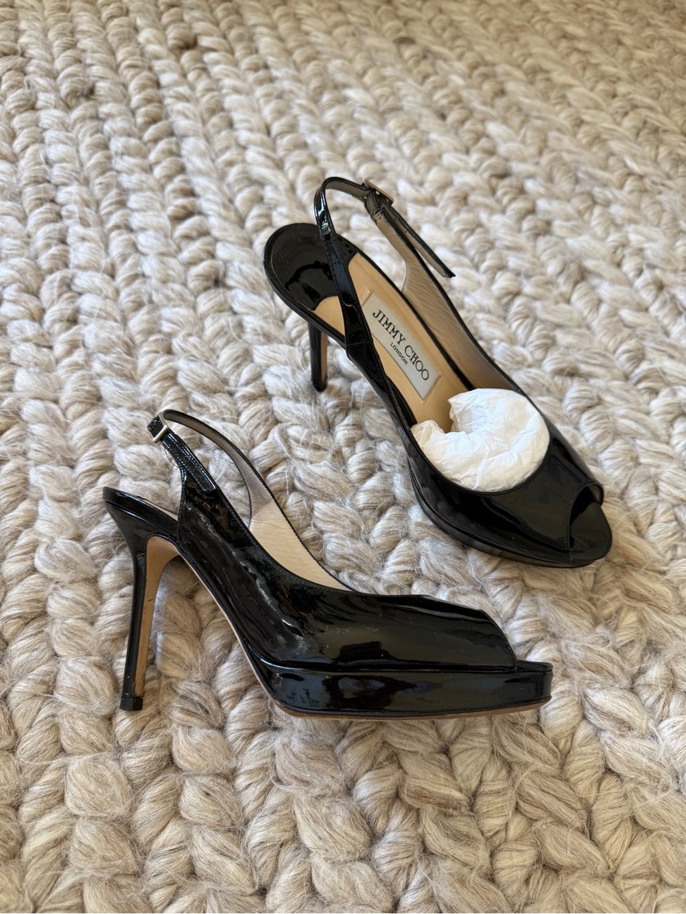 Jimmy Choo Black Patent Peep-Toe Slingback Heels